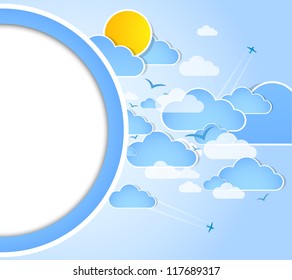Good weather round background. Blue sky with clouds. Vector