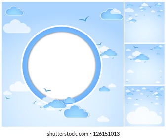 Good weather round background. Blue sky with clouds. Vector