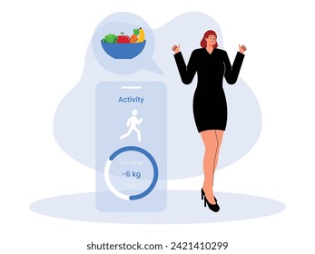 Good weight loss by eating and balanced physical activity, vector illustration.