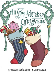 good wishes for christmas. Retro socks with presents inside . Christmas Greetings. 
Vector illustration on white background