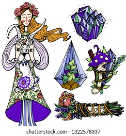 Good witch character. Wiccan community symbol. Vector doodle elements set