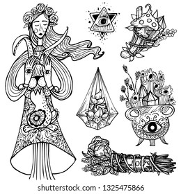 Good witch character. Wiccan community symbol. Vector doodle elements set