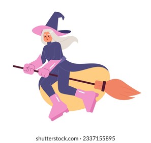 Good witch flying on broomstick semi flat color vector character. Editable full body silver hair woman doing magic tricks on white. Simple cartoon spot illustration for web graphic design