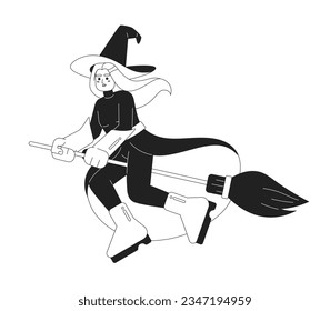 Good witch flying on broomstick monochromatic flat vector character. Editable full body silver hair woman doing magic tricks on white. Simple bw cartoon spot image for web graphic design