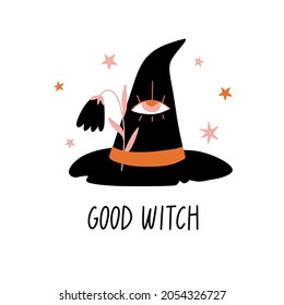 Good witch. Magic hat with flower. Doodle boho abstract illustration for tatoo, poster, sticker, t-shirt print. Witch symbols. Hand drawn witchcraft esoteric concept. Flat vector halloween card 