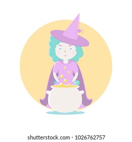 A good witch is preparing a magical potion.. Vector illustration. Fairy-tale subjects and characters. Objects on a colored circle. Design for pictures, icons, postcards, covers, flat style.