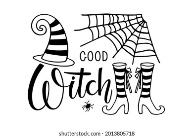 Guter Hexentext mit Hexenhut und Schuhen und Spinnennetz. Halloween Herbstschriftzeichen. Schwarzweiß, handgezeichnet, Vektorgrafik. Schönes Angebot für Halloween-Party-Dekor, Einladung, Karte, T-Shirt