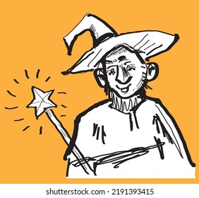 Good wizard with magic staff (wand). Hand drawn, doodle, sketch, cartoon style, freehand, funny caricature illustration