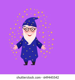 Good wizard. Magic stars. Character in a blue suit. Vector illustration on bright color background.