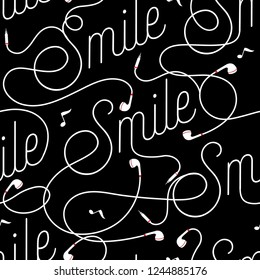 Good wording of Smile create by modern earphone seamless pattern vector design for fabric,wallpaper,fashion ,and all prints on black background color