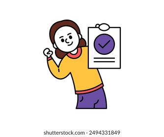 good work concept. the job is done or complete. homework done right. illustration of a woman shows a piece of paper showing a check mark symbol. outline style character design. graphic elements