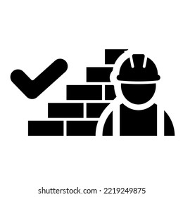 Good work of industrial worker icon in flat. Brick wall with construction worker symbol. Approved work sign. Building contractor with check mark symbol. Black abstract builder icon Vector illustration