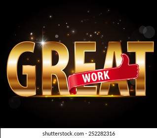 Good Work Lettering, golden typography Style with thumbs up sign Vector Design