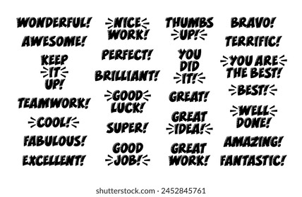 Good Work, Well Done Complement Phrases Set. Motivational Inspirational Quotes for Work. Teamwork, Amazing, Perfect, Good Luck, Fabulous, Great Idea Slogan Word.