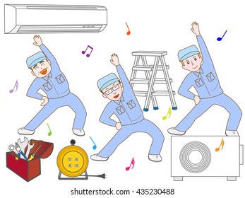 A good worker of the teamwork constructing the air conditioner.