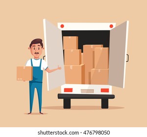 Good worker in uniform. Cartoon vector illustration. Relocation. Move. Character design. Transport company. Box in hand. Cute loader. Boxes with things. Moving service. Van