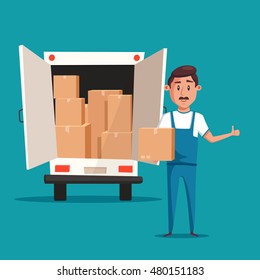 Good worker in uniform. Cartoon vector illustration. Relocation. Move. Character design. Transport company. Box in hand. Cute loader. Boxes with things. Moving service. Van