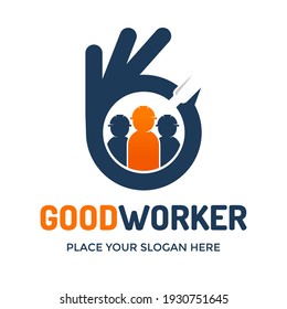 Good worker vector logo template. This design use hand, human and magnifying glass symbol. Suitable for search best workman.