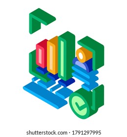 Good Working Employee Card Icon Vector. Isometric Statistician Report Worker With Growth Graphic, Approved Mark sign. color isolated symbol illustration