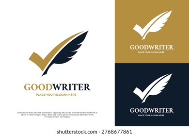 Good writer logo featuring a check mark and quill feather pen. Perfect for copywriters, authors, publishers, and education.