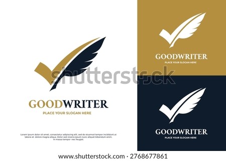 Good writer logo featuring a check mark and quill feather pen. Perfect for copywriters, authors, publishers, and education.