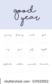 Good Year beautiful Calendar for 2017 Year. Printable and ready to use design template. Stylish stationery design. Week starts from Sunday. Minimal vector calendar for 2017