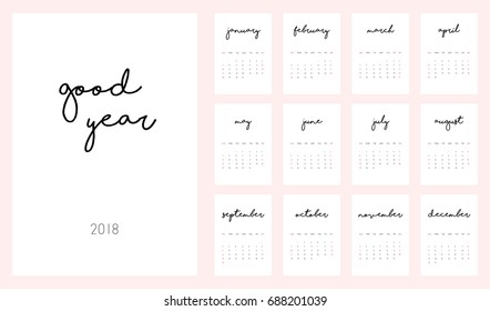 Good Year beautiful monthly Calendar for 2018 Year. Printable and ready to use design template. Stylish monochrome stationery design. Week starts from Sunday. Minimal vector calendar for 2018