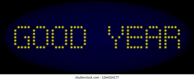 Good Year text in LED style with round glowing dots. Vector glare yellow letters forms Good Year text on a dark blue background. Digital font with round elements.
