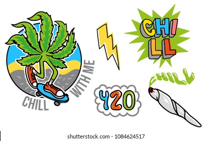 Icono de conjunto bueno y joven con hoja de marihuana que se enfría y para montar en patineta, jamb con hierba, burbuja 420, y caricatura amarillo relámpago Moderna ilustración para imprimir el parche de la pegatina de la pegatina de la pegatina de la pegatina al pantalones