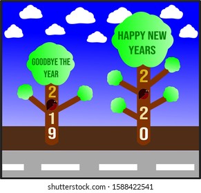 goodbye in 2019 and welcome to 2020! Elegant nature text, Elegant green text, cool bird, cool trees, highways and Minimalist templates.
