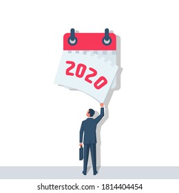 Goodbye 2020. A businessman tears off a calendar sheet of the outgoing year. Parting with coming year. Vector illustration flat design. Isolated on white background.