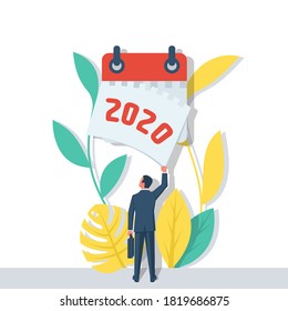 Goodbye 2020. A businessman tears off a calendar sheet of the outgoing year. Parting with coming year. Vector illustration flat design. Isolated on white background.
