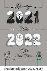 Goodbye 2020. Hello 2021. Happy New Year. Artistic numbers with tuxedos, ties and buttons, black texts and scissors. Cartoon male and female hands looking at each other. Gray background. 