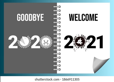 Auf Wiedersehen 2020. Willkommen 2021. Neujahr 2021 vektor. Goodbye Covid-19