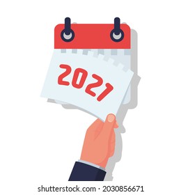 Goodbye 2021. A businessman tears off a calendar sheet of the outgoing year. Parting with coming year. Vector illustration flat design. Isolated on white background.