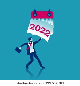 Goodbye 2022. Change year. Businessman tears off a sheet with 2 and sets the new year 2023. Vector illustration flat design. Isolated on background.