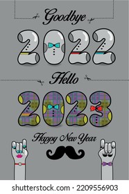 Goodbye 2022. Hello 2023. Happy New Year. Artistic numbers with ties and buttons, black texts and scissors. Cartoon male and female hands looking at each other. Gray background. Vector Illustration