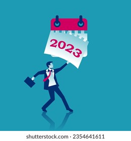 Goodbye 2023. A businessman tears off a calendar sheet of the outgoing year. Parting with coming year. Vector illustration flat design. Isolated on white background.