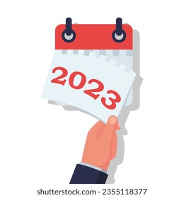 Goodbye 2023. A businessman tears off a calendar sheet of the outgoing year. Parting with coming year. Vector illustration flat design. Isolated on white background.