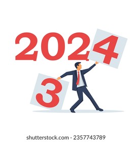 Goodbye 2023. Change year. Businessman tears off a sheet with 2 and sets the new year 2024. Vector illustration flat design. Isolated on white background.