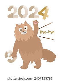 Goodbye 2023, hello 2024. A chubby, fluffy cat waves its paw while saying goodbye. Funny Greeting card, print, poster. Vector illustration isolated on white.