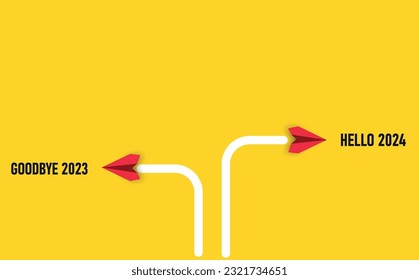 adiós 2023 hola 2024 vuelo avión rojo.concepto de plan anual.Concepto de líder de negocios, concepto de desarrollo de personalidad