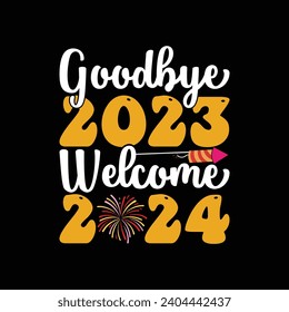 Ilustración de diseño de camisetas de la tipografía Hello 2023 and Hello 2024 para la celebración de Feliz Año Nuevo 2024 sobre fondo negro aislado con retro, tarjetas de felicitación, afiche, impresión, diseño de pegatinas.