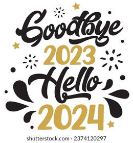 Ilustración vectorial Hello 2024 de Goodbye 2023. Diseño de Año Nuevo feliz aislado bueno para tarjetas de felicitación, afiche, impresión, pegatina, invitaciones, camiseta de bebé, taza, regalos.