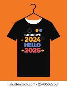 Goodbye 2024, Hello 2025 – Bold New Year Typography Design with Fireworks and Balloons