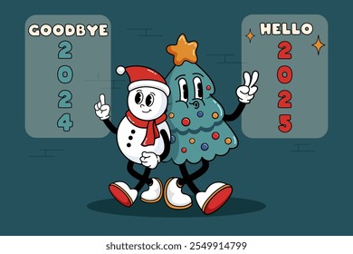 Goodbye 2024, hello 2025. Groovy Christmas card or poster design. Retro vector illustration. Christmas tree and snowman. Cool 70s style Christmas cards.