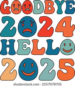 Goodbye 2024 Hello 2025 - Playful Typography with Emotive Faces Design"