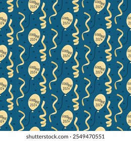 Goodbye 2024 seamless pattern with balloons, streamers, and confetti in a festive arrangement on teal background. Vector hand drawn illustration for wrapping, fabrics, wallpaper and decoration