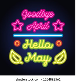 goodbye april hello may spring text sign with frame, vector illustration