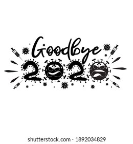 Goodbye coronavirus. Lettering 2020 goodbye with coronavirus icon. New year 2021 vector solid icons. Saying bye to covid-19 year 2020. 